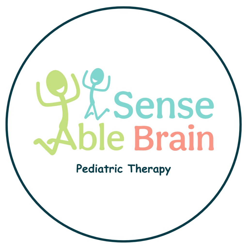 Logo of Sense Able Brain featuring playful stick figures representing pediatric therapy, with the text 'Pediatric Therapy' below.