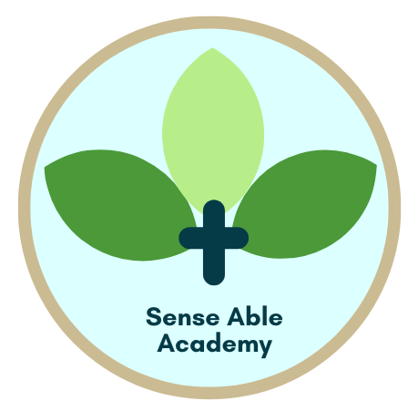 Logo design for Sense Able Academy featuring two green leaves and a plus sign in the center.