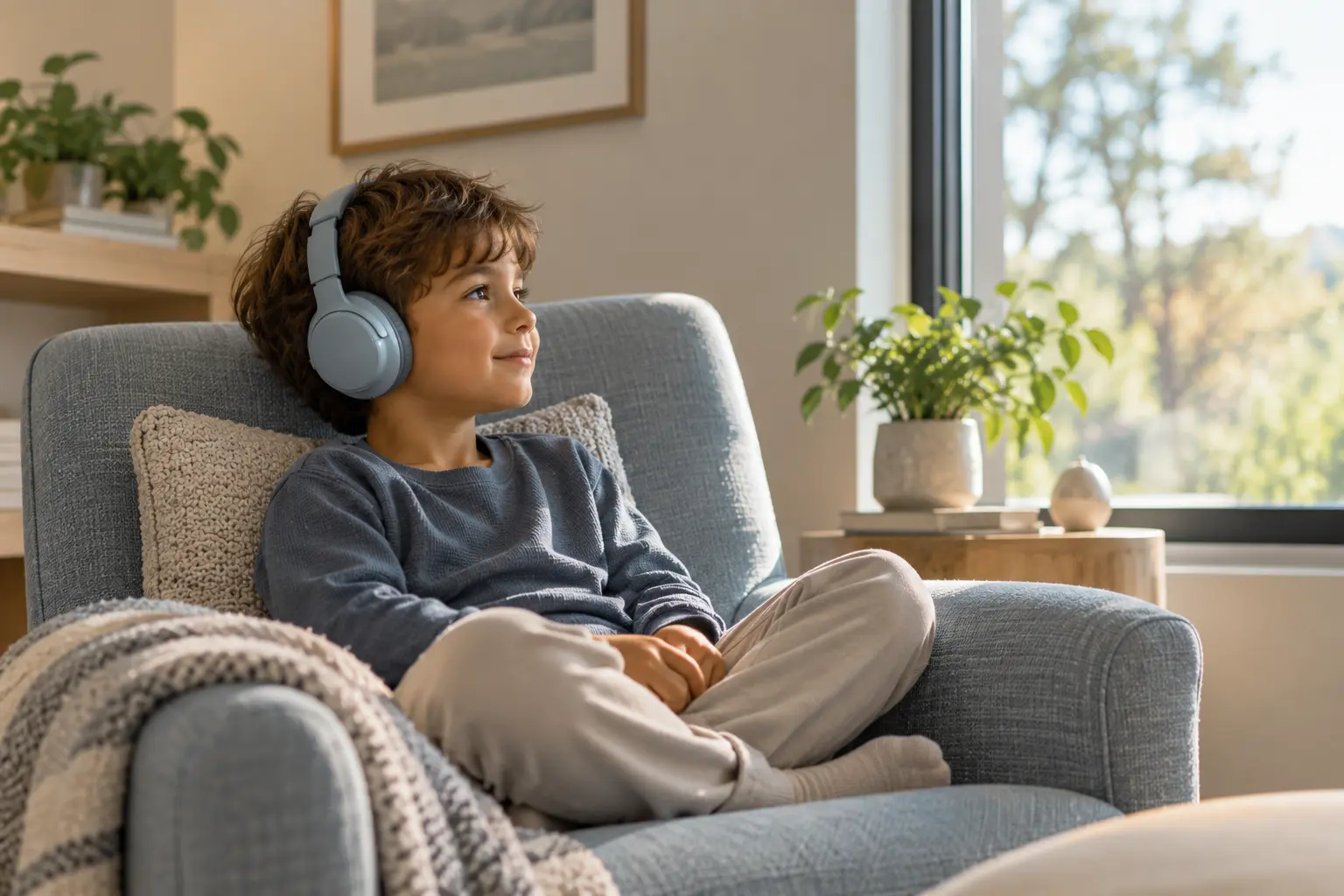 Child relaxing in a chair while wearing headphones for the Safe and Sound Protocol